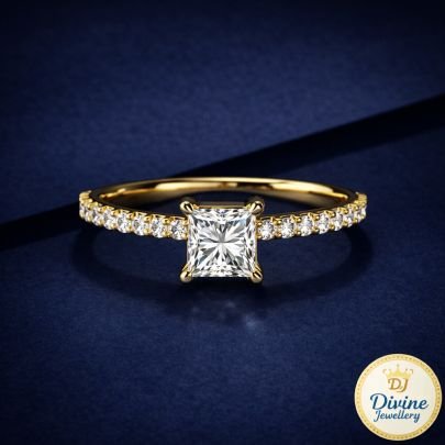 92.5 Sterling Silver Princess Cut Minimalist Ring – Gold Plated Pave Shank