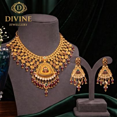 Antique Bridal Choker Necklace Set with Coin Layers & Meenakari Pendant | 92.5 Silver Gold Plated Jewellery by Divine Jewellery