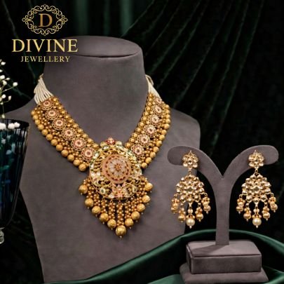 Antique Bridal Necklace Set with Pink Stone Detailing & Statement Pendant | 92.5 Silver Gold Plated Jewellery by Divine Jewellery