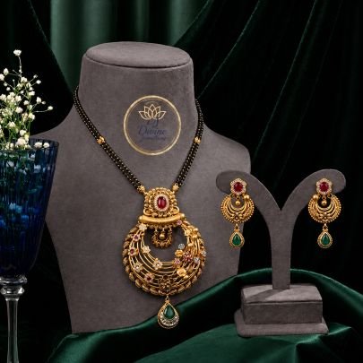 Antique Chandbali Temple Pendant Mangalsutra Necklace Set with Earrings in 92.5 Silver Gold Plated | Black Beads Jewellery – Divine Jewellery