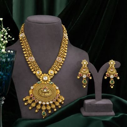 Antique Coin Drop Necklace Set with Round Pendant – 92.5 Silver Gold Plated Traditional Jewellery | Divine Jewellery