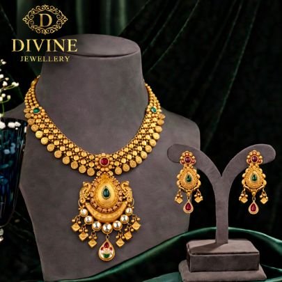 Antique Coin Necklace Set with Temple Pendant & Earrings | 92.5 Silver Gold Plated Jewellery by Divine Jewellery