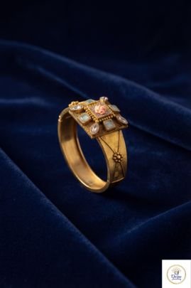 Antique Designer Kada Bracelet with Floral Carving & Polki Stones | 92.5 Silver Gold Plated | Divine Jewellery