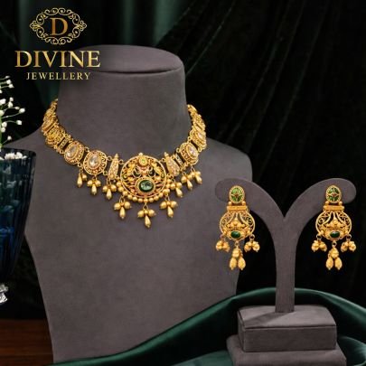 Antique Filigree Choker Necklace Set with Green Stone Pendant | 92.5 Silver Gold Plated Jewellery by Divine Jewellery