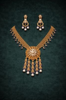 Antique Floral Pendant Necklace Set with Pearl Drops in 92.5 Silver Gold Plated – Divine Jewellery
