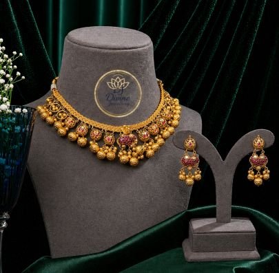 Antique Gold Bead Choker Necklace Set with Ruby Stone Work – 92.5 Silver Gold Plated