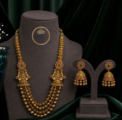 Antique Gold Beaded Long Haram Set with Temple Jhumka Earrings – Traditional Bridal Jewelry