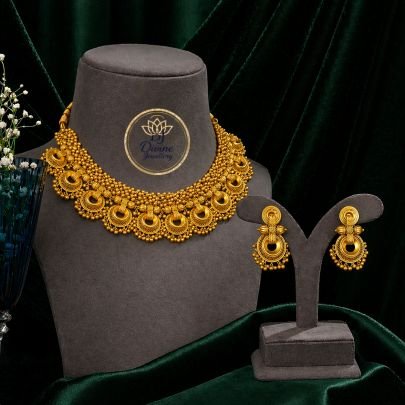 Antique Gold Beaded Temple Choker Necklace Set with Traditional Motifs – 92.5 Silver Gold Plated