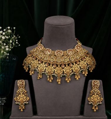 Antique Gold Bridal Choker Necklace Set with Statement Earrings | Traditional Wedding Jewelry