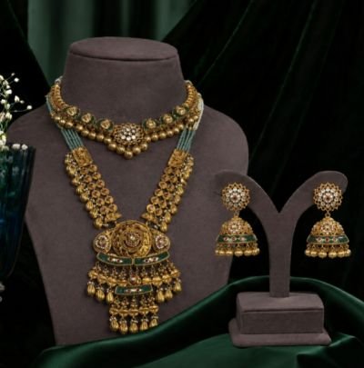 Antique Gold Bridal Necklace Set with Jhumka Earrings | Traditional Temple Jewelry