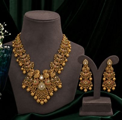 Antique Gold Bridal Temple Necklace Set with Statement Earrings | Traditional Indian Wedding Jewelry