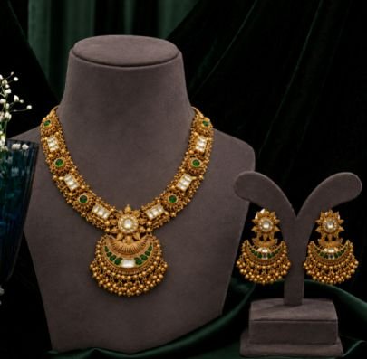 Antique Gold Green Stone Temple Necklace Set with Matching Earrings | Traditional Bridal Jewelry
