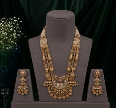 Antique Gold Long Haram Necklace Set with Temple Pendant | Traditional Bridal Jewelry