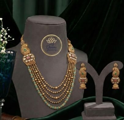 Antique Gold Multi-Layer Panchlada Necklace Set with Mint Green Beads & Kundan | DJ Divine Jewellery