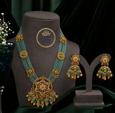 Antique Gold Multi-Strand Green Onyx Bead Necklace Set with Statement Earrings | Divine Jewellery