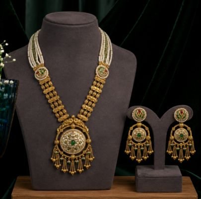 Antique Gold Pendant Haram Necklace Set with Pearl Strands & Chandbali Earrings | Traditional Bridal Jewelry