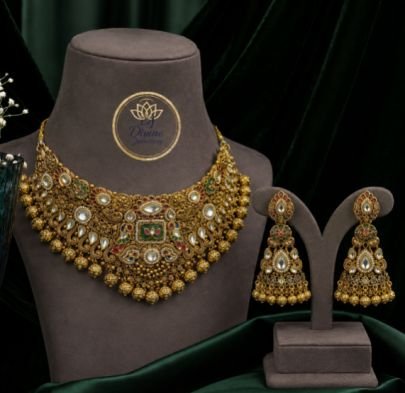 Antique Gold Plated Bridal Choker Necklace Set with Jhumka Earrings