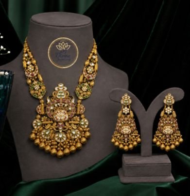 Antique Gold Plated Kundan Temple Necklace Set with Matching Chandbali Earrings, Traditional Bridal Jewelry Set for Women, Ethnic Wedding Party Wear S