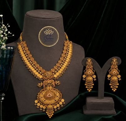 Antique Gold Plated Lakshmi Pendant Necklace Set with Matching Earrings | Traditional Bridal Jewellery