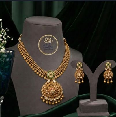 Antique Gold Plated Long Pendant Necklace Set with Green Meenakari & Matching Earrings for Women