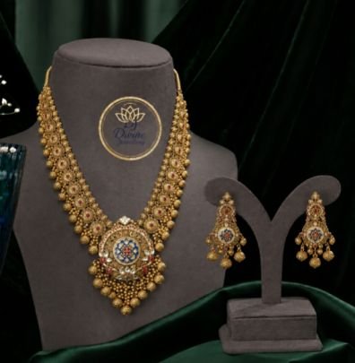 Antique Gold Plated Long Temple Necklace Set with Statement Pendant and Matching Earrings, Traditional Bridal Jewelry Set for Women, Ethnic Wedding Pa