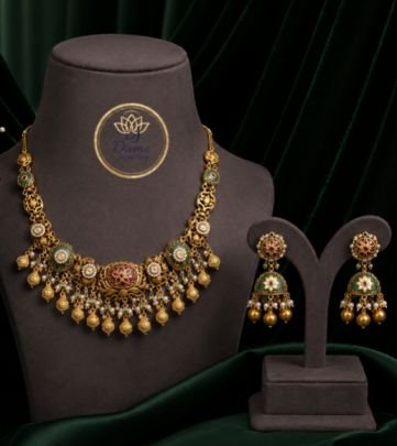 Antique Gold Plated Meenakari Choker Necklace Set with Earrings