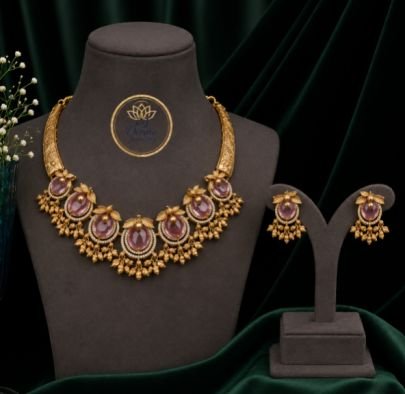 Antique Gold Plated Purple Stone Necklace Set for Women | Traditional Bridal Jewellery | Designer Ethnic Necklace with Matching Earrings