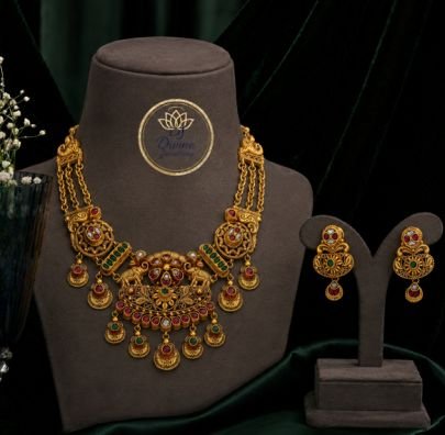 Antique Gold Plated Temple Necklace Set with Lakshmi Motif | Traditional South Indian Bridal Jewellery