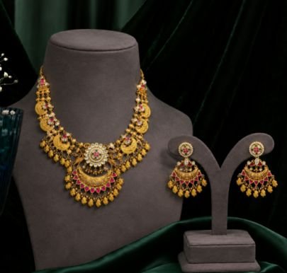Antique Gold Plated Temple Necklace Set with Earrings for Women