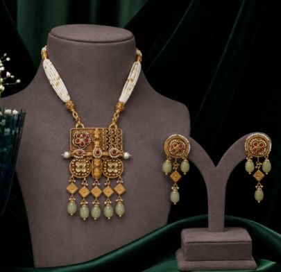 Antique Gold Plated Traditional Necklace Set with Earrings for Women
