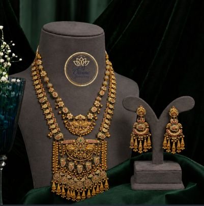 Antique Gold Temple Jewelry Layered Necklace Set with Jhumka Earrings | Divine Jewellery