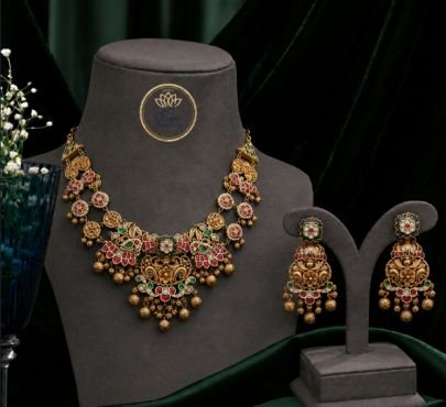 Antique Gold Temple Peacock Necklace Set with Kemp Stones & Ghungroo Beads | Divine Jewellery