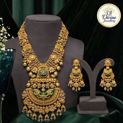 Antique Heritage Bridal Necklace Set with Green Meenakari Work – 92.5 Silver Gold Plated