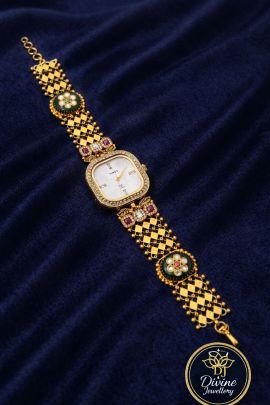 Antique Kundan Bracelet Watch with Square Dial & Meenakari Detailing – 92.5 Silver Gold Plated