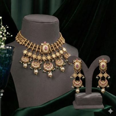 Antique Kundan Choker Necklace Set with Pearl Drops – 92.5 Silver Gold Plated Jewellery | Divine Jewellery