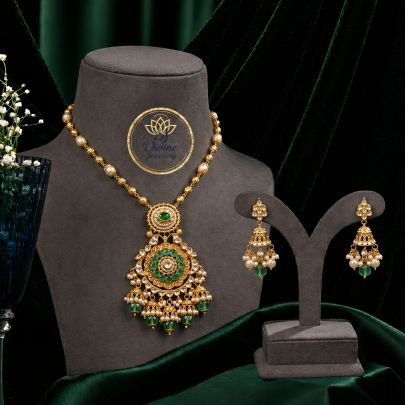 Antique Kundan Pendant Necklace Set with Green Beads & Pearl Drops – 92.5 Silver Gold Plated