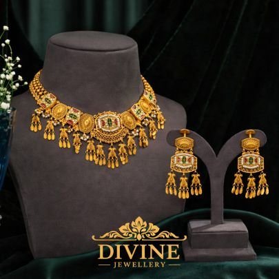 Antique Meenakari Coin Choker Necklace Set with Temple Drops | 92.5 Silver Gold Plated Jewellery by Divine Jewellery