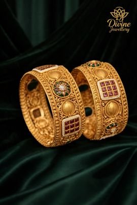 Antique Temple Bridal Bangle Set with Stone & Meenakari Work – 92.5 Silver Gold Plated Traditional Kada (Set of 2)