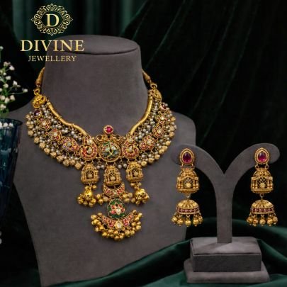 Antique Temple Choker Necklace Set with Pink Stones & Hanging Jhumka Charms | 92.5 Silver Gold Plated Bridal Jewellery by Divine Jewellery