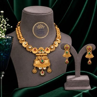 Antique Temple Coin Necklace Set with Pendant & Earrings in 92.5 Silver Gold Plated | Traditional Bridal Jewellery – Divine Jewellery