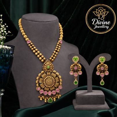 Antique Temple Design Necklace Set with Beaded Chain & Statement Pendant – 92.5 Silver Gold Plated