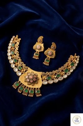 Antique Temple Floral Pendant Necklace Set with Green Stone Drops in 92.5 Silver Gold Plated | Divine Jewellery