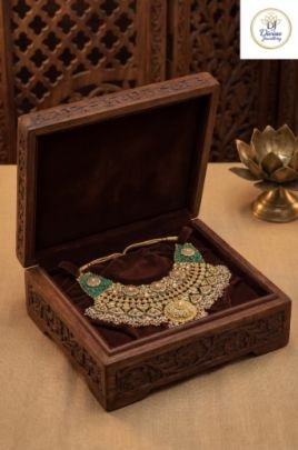 Antique Temple Kundan Necklace with Green Stone Panels & Pearl Danglers in 92.5 Silver with Gold Plating