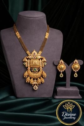 Antique Temple Mangalsutra Set with Grand Pendant & Multicolor Stone Detailing – 92.5 Silver Gold Plated