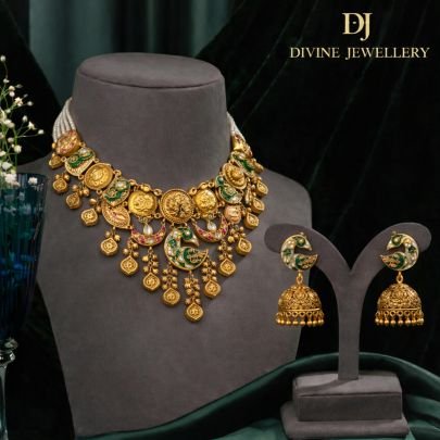 Antique Temple Necklace Set with Peacock Motif & Jhumka Earrings | 92.5 Silver Gold Plated Traditional Jewellery by Divine Jewellery