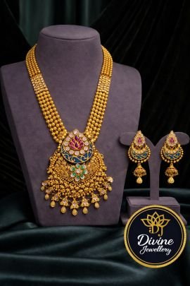 Antique Temple Necklace Set with Multi-Bead Chain & Meenakari Pendant – 92.5 Silver Gold Plated