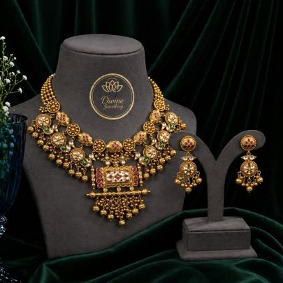 Antique Temple Necklace Set with Traditional Motifs & Jhumka Earrings – 92.5 Silver Gold Plated Bridal Jewellery
