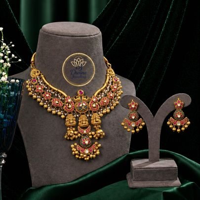 Antique Temple Necklace Set with Pink Stones & Jhumka Drops – 92.5 Silver Gold Plated Jewellery