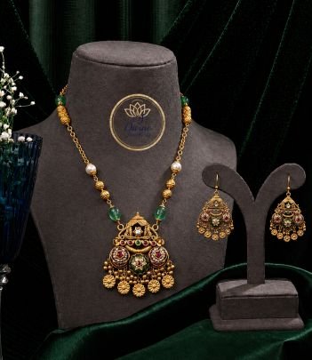 Antique Temple Pendant Necklace Set with Green Beads & Kundan Meenakari Work – 92.5 Silver Gold Plated Traditional Jewellery