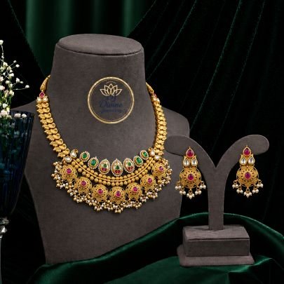 Antique Temple Style Necklace Set with Kundan Stones & Pearl Drops – 92.5 Silver Gold Plated